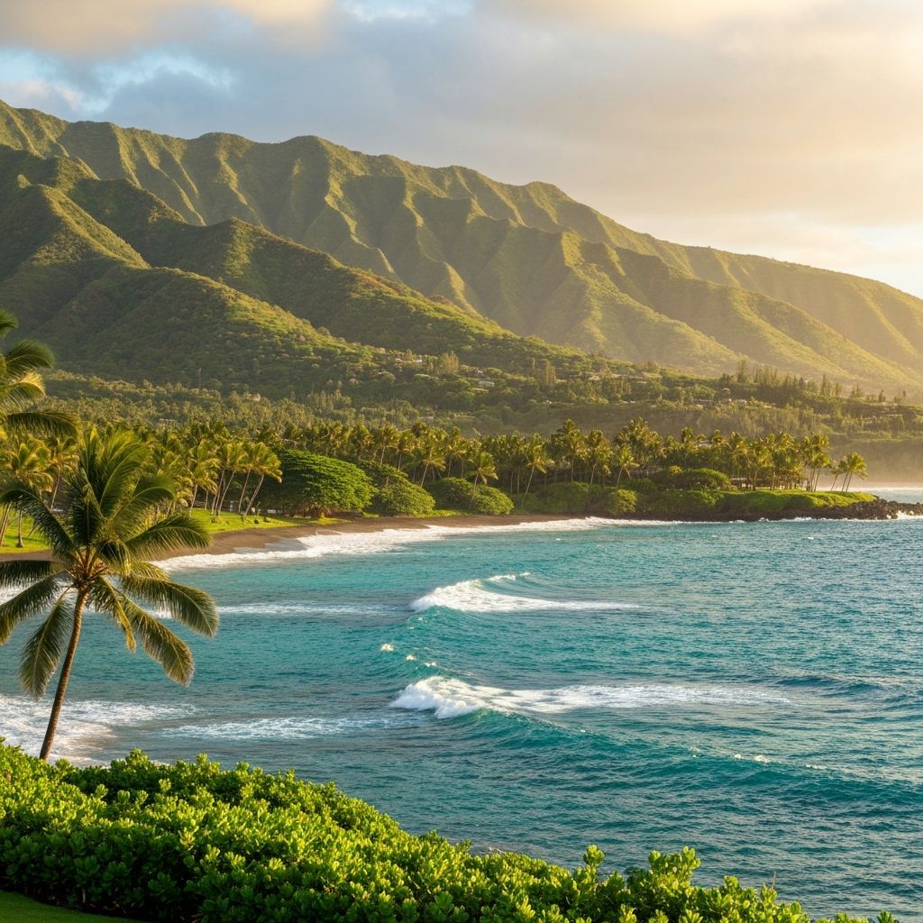 Serene Maui landscape with lush green mountains meeting the ocean